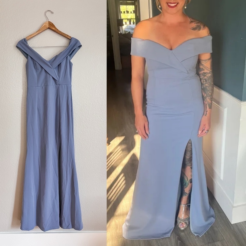 Lulus Song of Love Blue Grey Off-the-Shoulder Maxi Dress